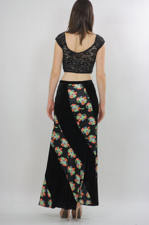 Vintage 1990s Grunge Boho Patchwork velvet maxi skirt - shabbybabe
 - 3