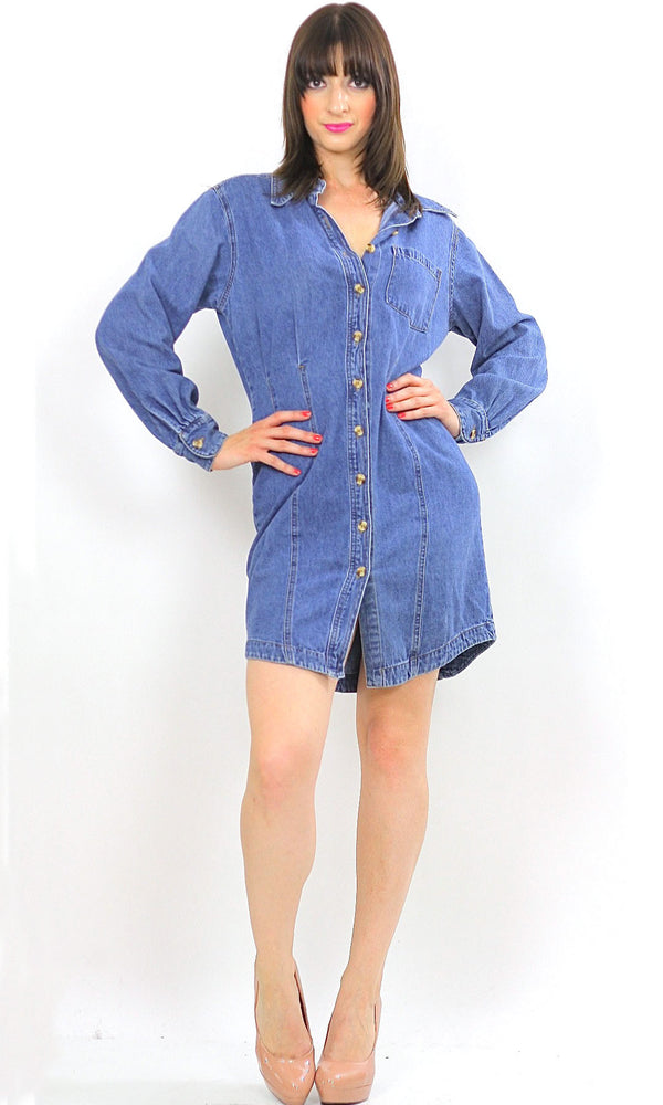 Vintage 90s Grunge Bill Blass Blue denim mini  dress - shabbybabe
 - 1