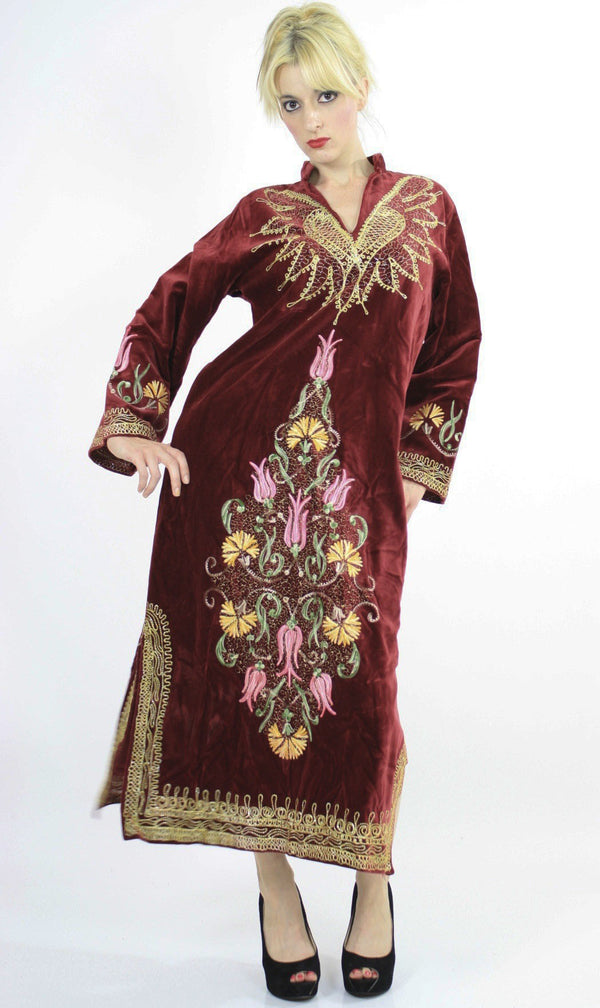 60s Turkish caftan Hippie boho velvet kaftan metallic embroidery - shabbybabe
 - 1