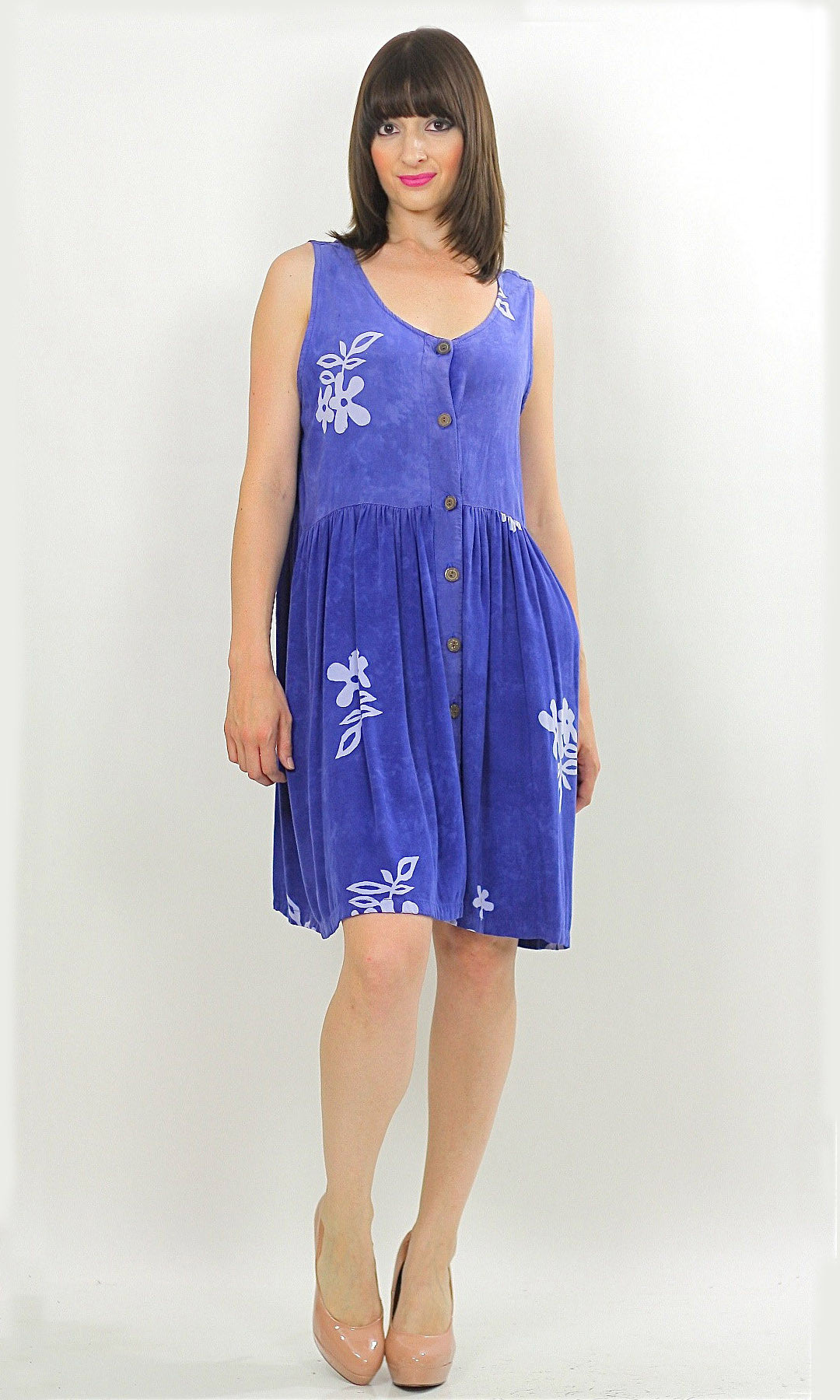 knee length dresses for ladies Vintage 90s Grunge Boho Blue Floral mini dress