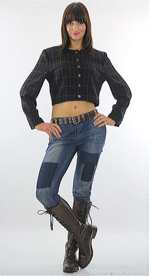 Vintage 90s Grunge Black plaid button crop jacket top - shabbybabe
 - 3