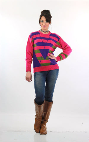 Pink Sweater top 80s abstract Striped pullover - shabbybabe
 - 2