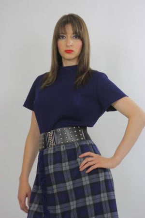 Vintage 70s preppie boho navy blue tartan plaid highwaisted midi dress