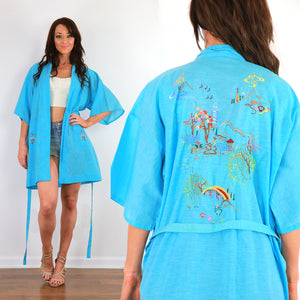 Embroidered Blue Kimono robe belted boho jacket bohemian festival coat M