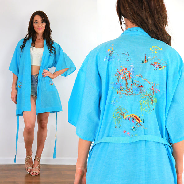 Embroidered Blue Kimono robe belted boho jacket bohemian festival coat M