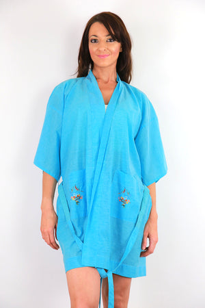 Embroidered Blue Kimono robe belted boho jacket bohemian festival coat M