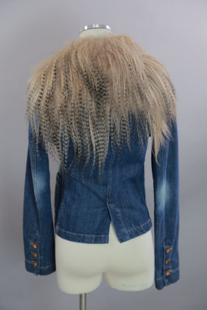 Vintage 80s boho hippie blue denim jacket with long fur trim collar M