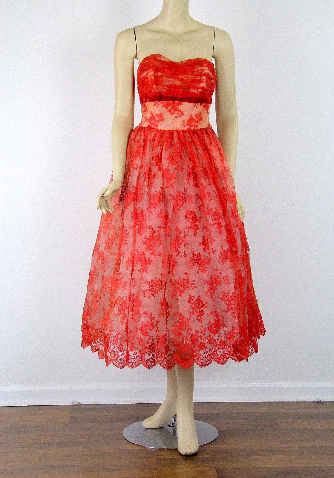 Vintage 50s Cotillion label retro coral lace cocktail party prom dress strapless - shabbybabe Vintage 50s Cotillion label retro coral lace cocktail party prom dress strapless - shabbybabe