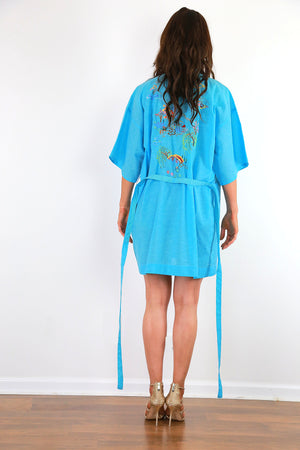 Embroidered Blue Kimono robe belted boho jacket bohemian festival coat M