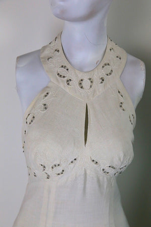 Vintage 60s 70s white halter dress rhinestone trim open back M