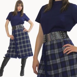 Vintage 70s preppie boho navy blue tartan plaid highwaisted midi dress