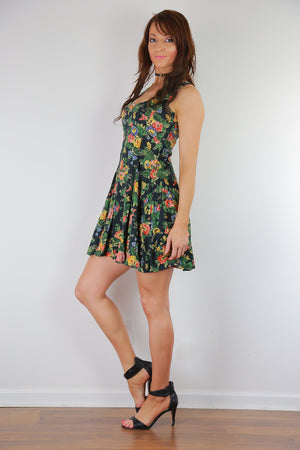 Vintage 90s grunge green floral skater dress sleeveless mini dress