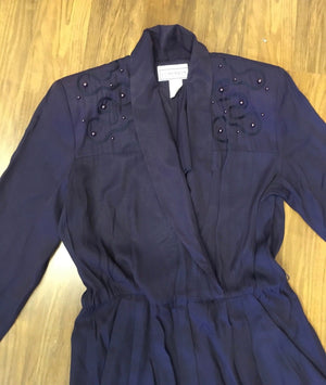 Vintage 80s 1980s boho navy blue beaded jumpsuit sleek evening party cocktail M