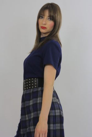 Vintage 70s preppie boho navy blue tartan plaid highwaisted midi dress