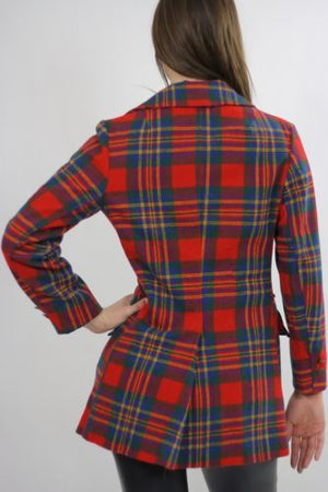 Vintage 70s mod boho red tartan plaid wool jacket blazer top double breasted