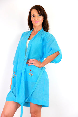 Embroidered Blue Kimono robe belted boho jacket bohemian festival coat M