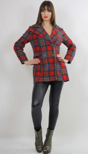 Vintage 70s mod boho red tartan plaid wool jacket blazer top double breasted