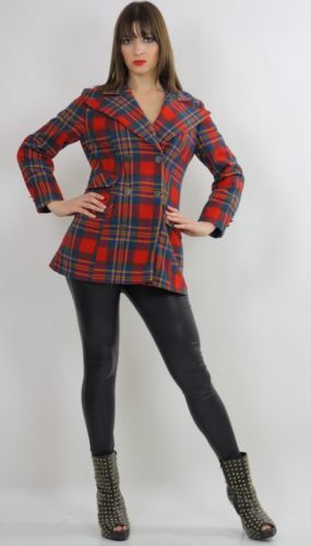 Vintage 70s mod boho red tartan plaid wool jacket blazer top double breasted