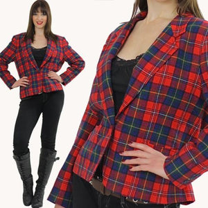 Vintage 70s Red Wool Pendelton Tartan Plaid collared Blazer Jacket Top