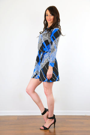 Wrap tie dress vintage 70s boho argyle mini dress black blue belted long sleeve M