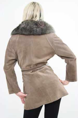 Vintage 70s brown suede leather fur collar jacket