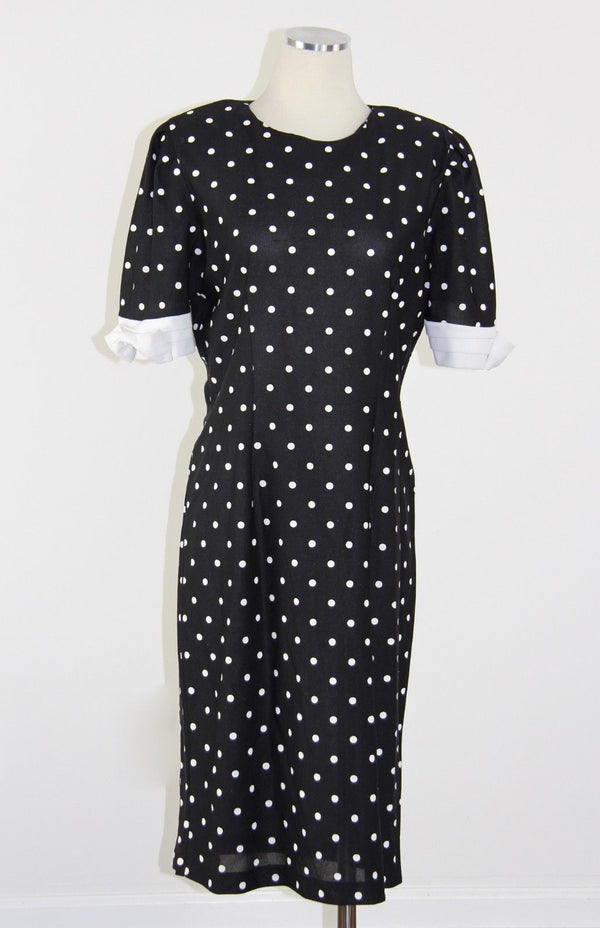 Vintage 80s black and white polka dot dress retro polkadot color block M