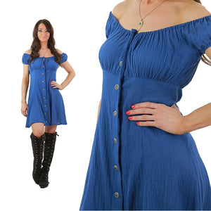 Blue Peasant Dress Button down off shoulder boho festival mini sundress M