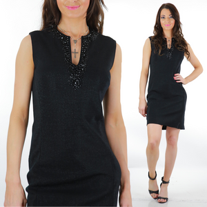 Genuine vintage 60s 70s beaded black cocktail party sheath dress  M