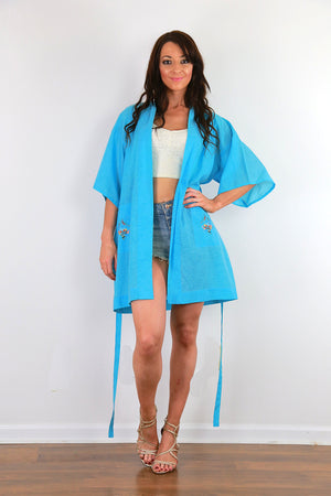 Embroidered Blue Kimono robe belted boho jacket bohemian festival coat M