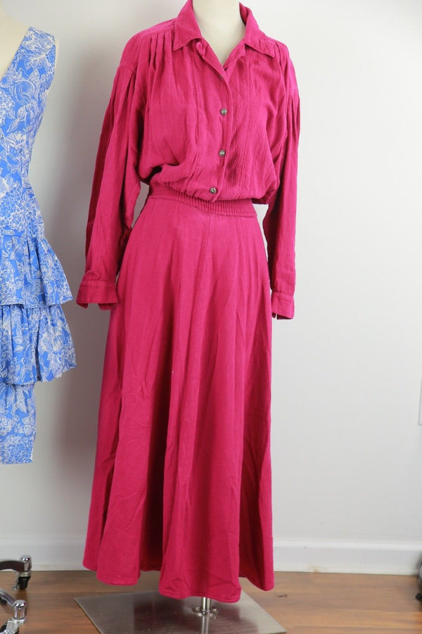 Vintage 80s hot pink dress 1980s oversized long sleeve fuchsia pink dress L