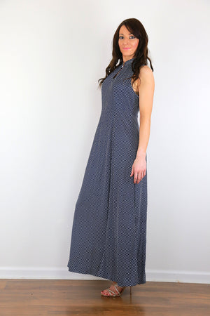 Polka dot maxi dress Genuine vintage 70s high neck navy long dress