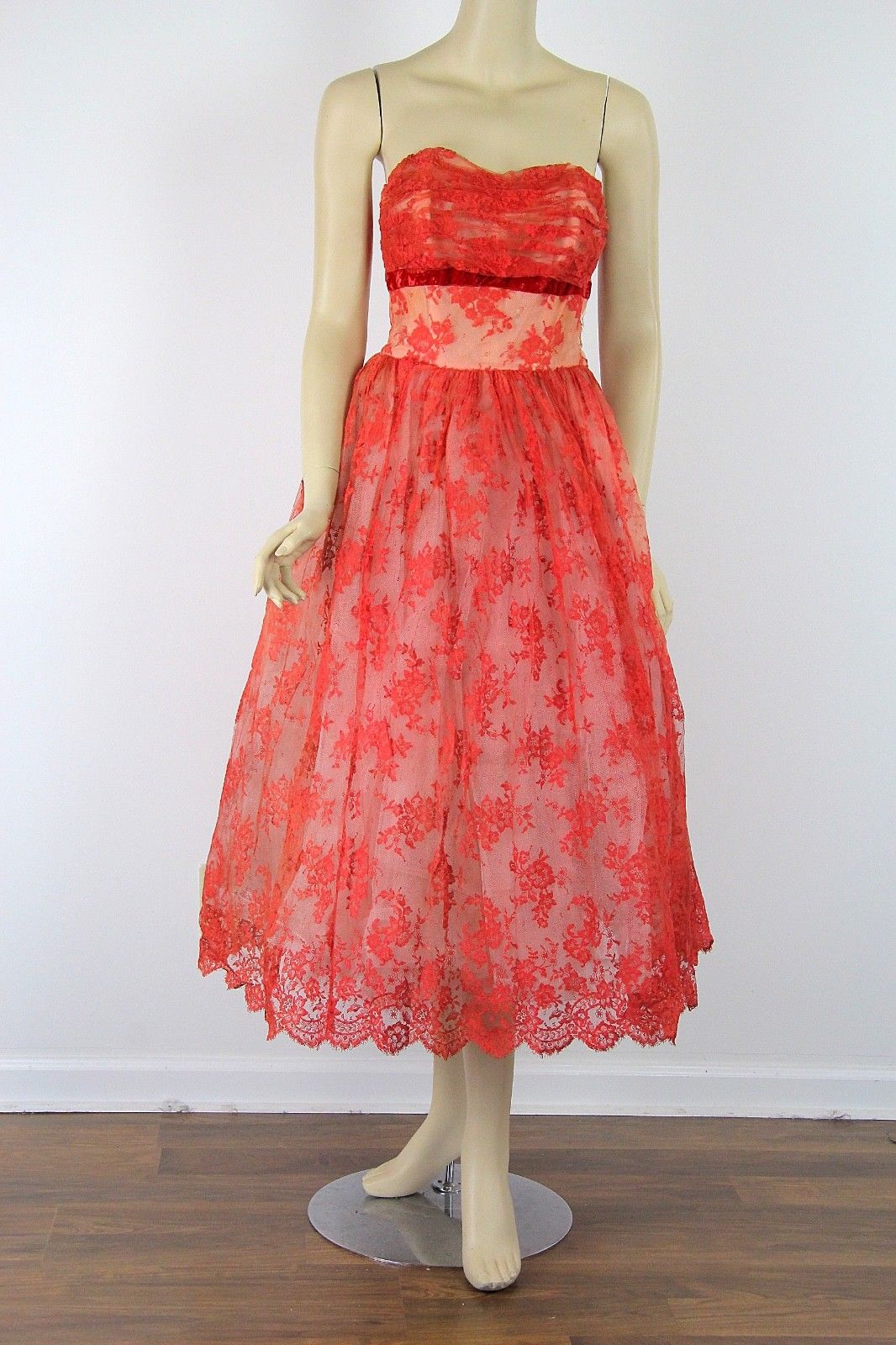 Vintage 50s Cotillion label retro coral lace cocktail party prom dress strapless - shabbybabe Vintage 50s Cotillion label retro coral lace cocktail party prom dress strapless - shabbybabe