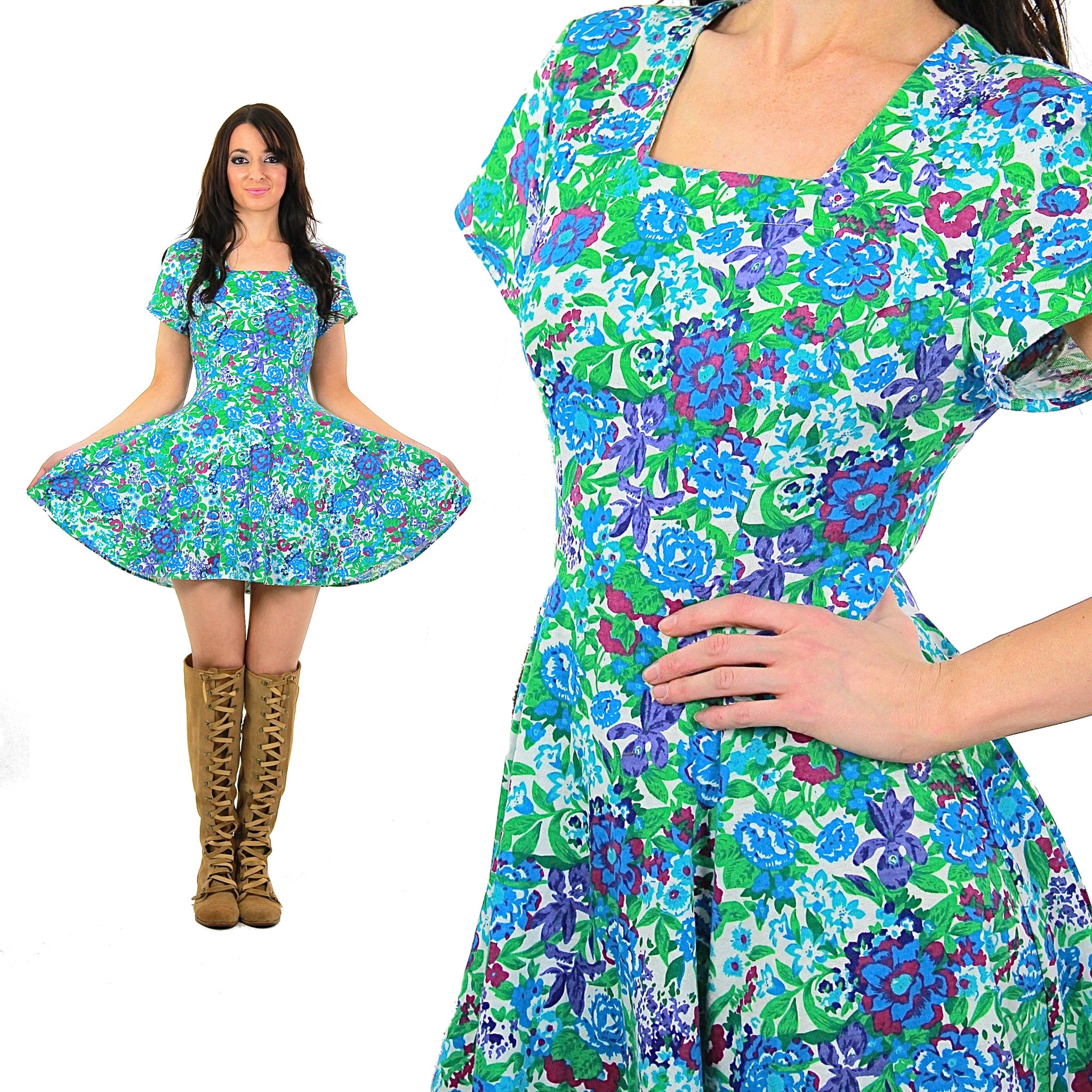 Vintage 80s blue floral  abstract grunge skater cotton  mini dress Medium - shabbybabe
 - 6