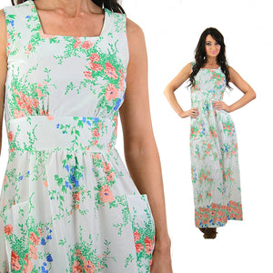 Prairie Maxi Dress High waisted sleeveless Vintage 1970s Boho Bridal Hippie festival long abstract Garden Party Medium - shabbybabe
 - 1