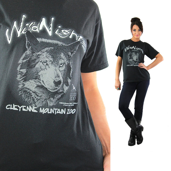 Wolf t-shirt Black graphic Wild nights tee Vintage 90s grunge goth animal print oversize retro hipster top Small - shabbybabe
 - 1