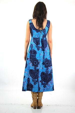Tribal Maxi Dress Blue Vintage 70s boho Hippie Festival High waisted sleeveless scoop neck Abstract Navy Ethnic Open back Medium - shabbybabe
 - 3
