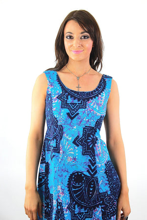 Tribal Maxi Dress Blue Vintage 70s boho Hippie Festival High waisted sleeveless scoop neck Abstract Navy Ethnic Open back Medium - shabbybabe
 - 4