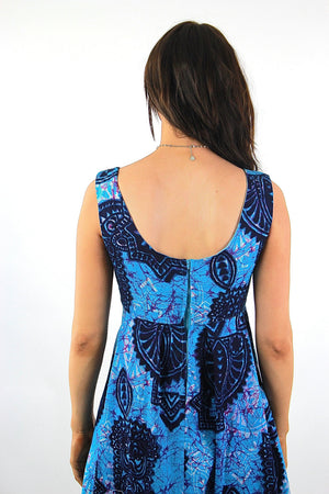 Tribal Maxi Dress Blue Vintage 70s boho Hippie Festival High waisted sleeveless scoop neck Abstract Navy Ethnic Open back Medium - shabbybabe
 - 5