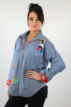 Southwestern boho Chambray Patchwork appliqué  art shirt - shabbybabe
 - 3
