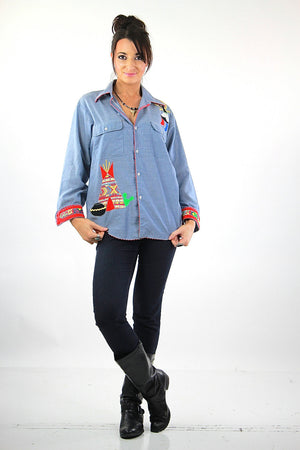 Southwestern boho Chambray Patchwork appliqué  art shirt - shabbybabe
 - 5