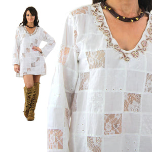 White lace patchwork angel sleeve beach cover tunic top dress - shabbybabe
 - 8