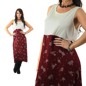 Floral Midi Dress Burgundy white color block sleeveless scoop neck high waisted sundress Vintage 1990s Grunge Medium - shabbybabe
 - 1