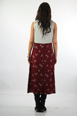 Floral Midi Dress Burgundy white color block sleeveless scoop neck high waisted sundress Vintage 1990s Grunge Medium - shabbybabe
 - 3