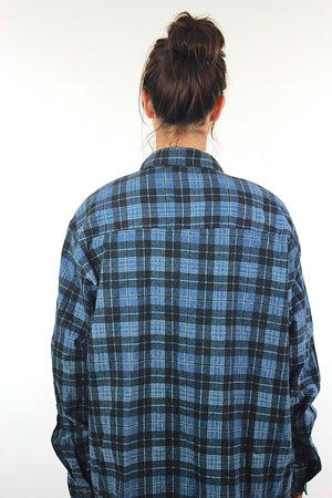 Vintage 90s grunge Blue plaid flannel shirt  button up oversize unisex Large
