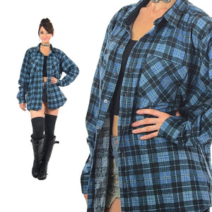 Vintage 90s grunge Blue plaid flannel shirt  button up oversize unisex Large