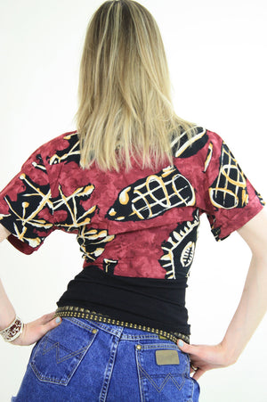 70s boho tie front abstract tribal print crop top shirt - shabbybabe
 - 3