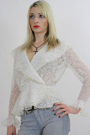 Lace Ruffle Blouse Deep V neckline White peplum Hippie Boho Victorian floral sheer ruffle Medium UB424 - shabbybabe
 - 4