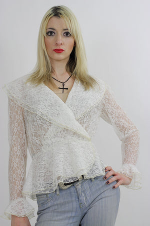 Lace Ruffle Blouse Deep V neckline White peplum Hippie Boho Victorian floral sheer ruffle Medium UB424 - shabbybabe
 - 2