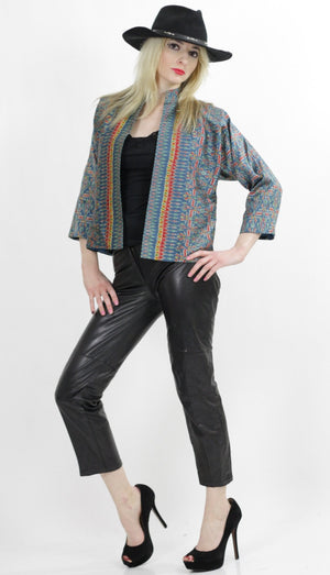 Striped jacket Boho cropped Southwestern coat  silk crop top Tribal ethnic print Western Bohemian Nehru high collar open front  M Medium - shabbybabe
 - 2