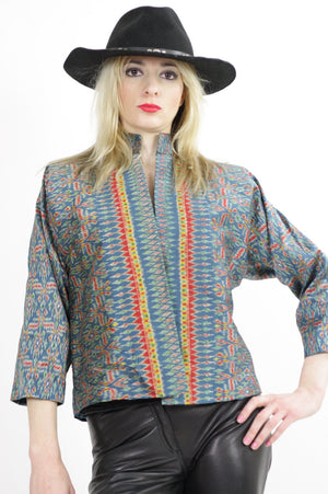 Striped jacket Boho cropped Southwestern coat  silk crop top Tribal ethnic print Western Bohemian Nehru high collar open front  M Medium - shabbybabe
 - 4